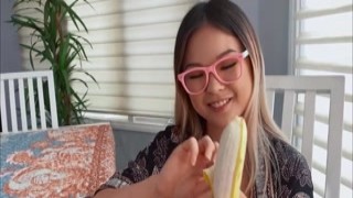 Petite Asian sucks banana and big dick