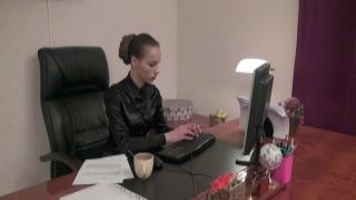 WeAreHairy - Alisa Pie - Black Leather Brown Desk