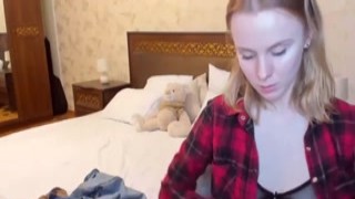 Blonde teen camgirl in see through bra